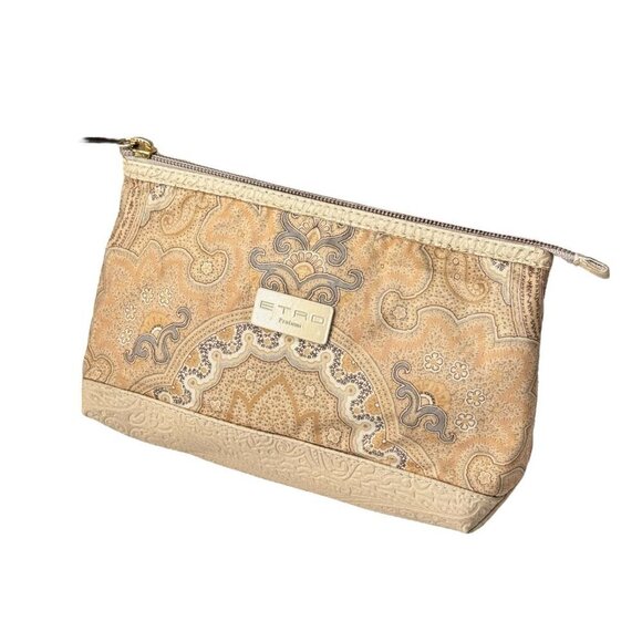 ETRO Cosmetic Make Up Bag Beige Tan Paisley Embossed Faux Leather - Picture 4 of 10